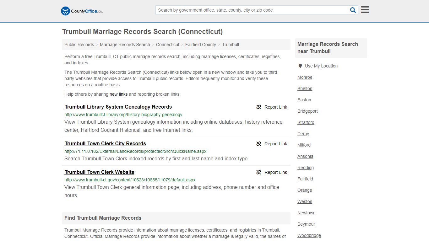 Trumbull Marriage Records Search (Connecticut) - County Office