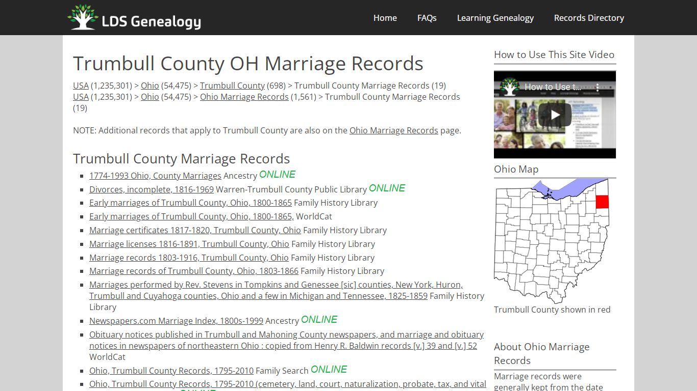 Trumbull County OH Marriage Records - LDS Genealogy